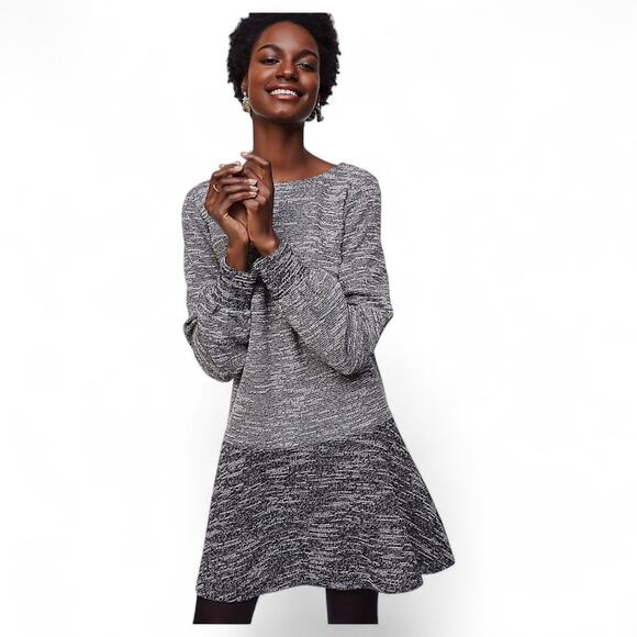 LOFT Dresses & Skirts - Ann Taylor LOFT Long Sleeve Tweed Drop Waist Dress M Gray Balloon Sleeve A-Line